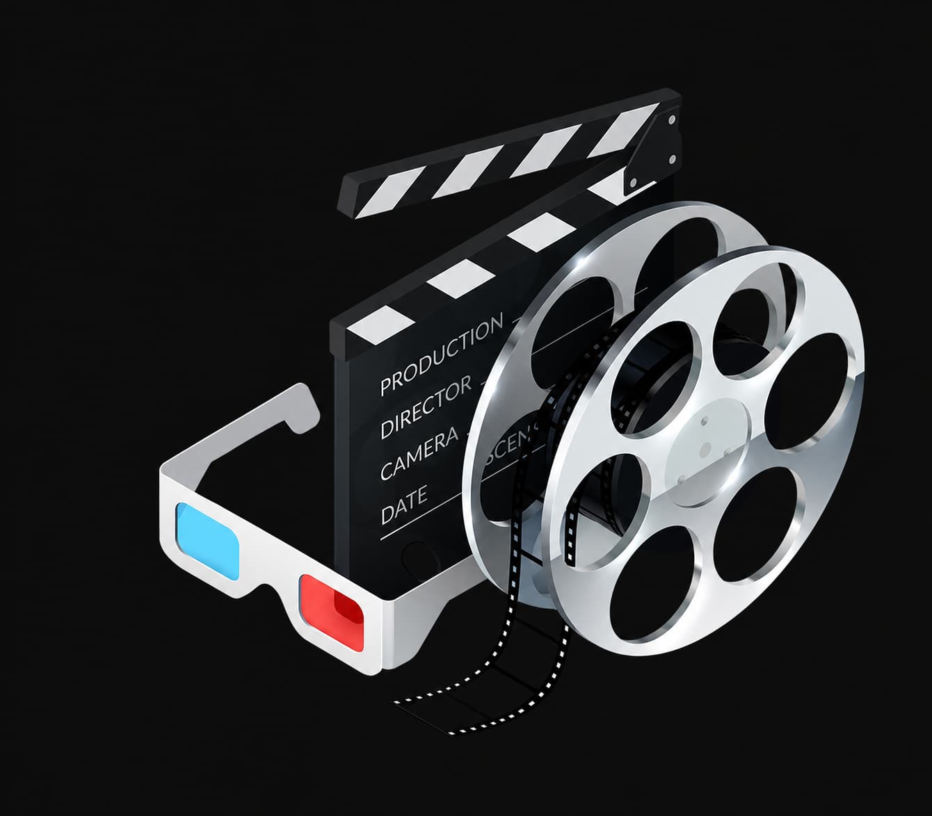 Cinema clapperboard, film reel and 3D glasses
